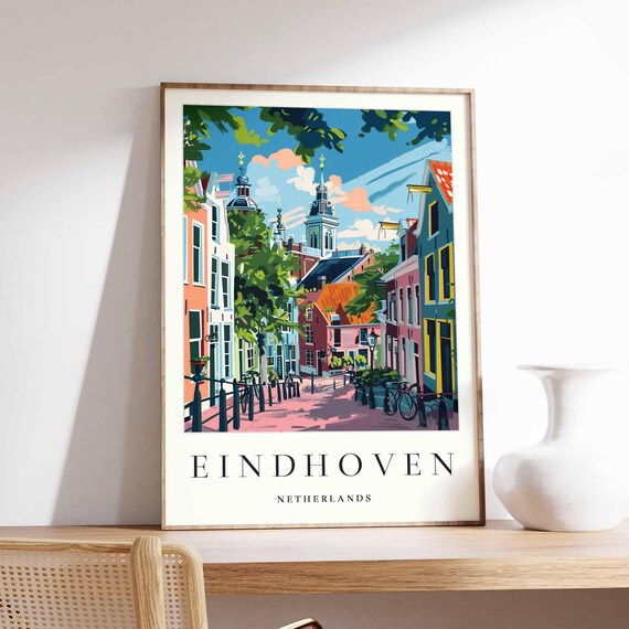 Eindhoven Netherlands Dutch Canal Street Gabled Houses Travel Poster