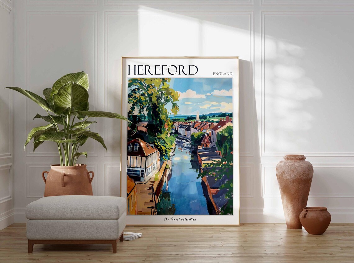 Hereford England Travel Poster River Through Town Church View Art - Image 2