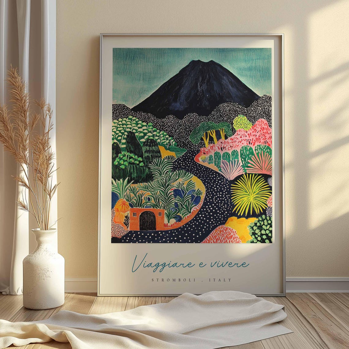 Stromboli Italy Garden Poster Volcano Path Night Blooms Folk Art - Image 2