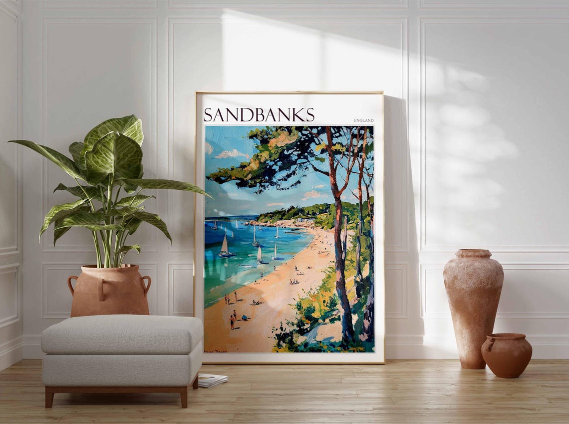 Sandbanks England Pine Trees Sunlit Beach Sailboats Calm Art Poster - Image 2