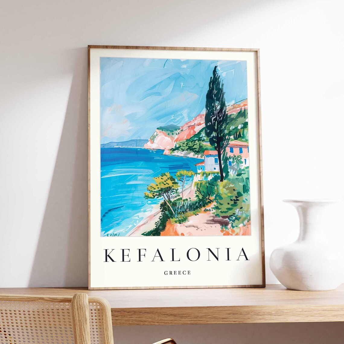 Kefalonia Greece Cliffside Villa Cypress Turquoise Bay Travel Poster