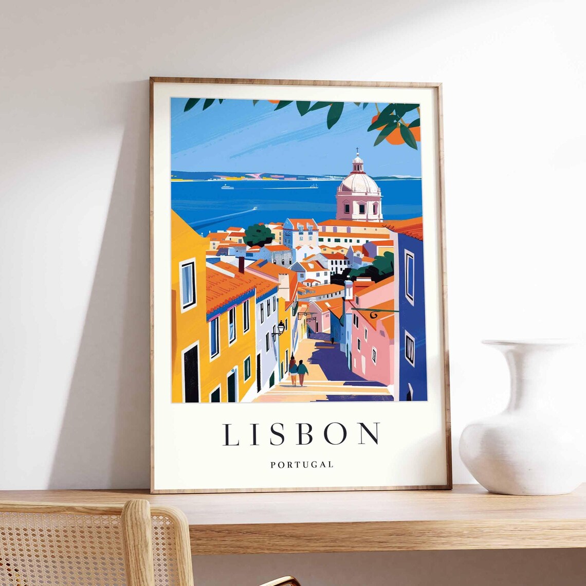 Lisbon Portugal Old Town Street Dome Church Ocean View Travel Poster