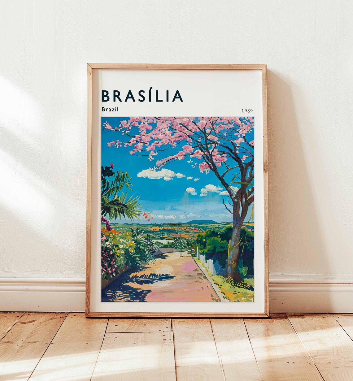Brasilia Brazil 1989 Flowering Tree Street Watercolor Travel Poster