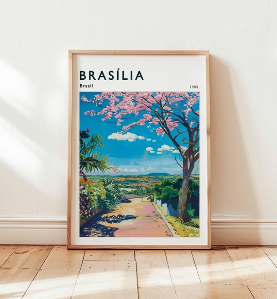 Brasilia Brazil 1989 Flowering Tree Street Watercolor Travel Poster