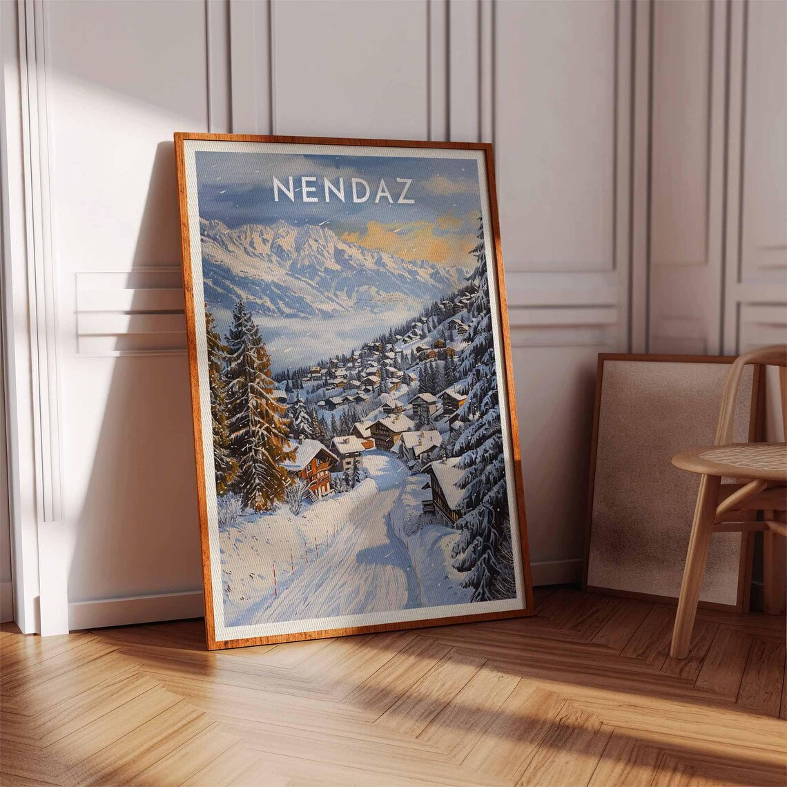 Nendaz Switzerland Golden Hour Peaks Above Village Groomed Piste Poster - Image 3