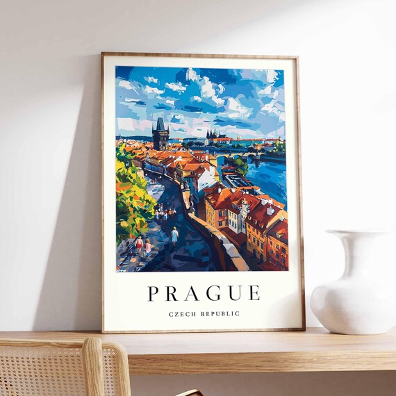 Prague Charles Bridge Tower Castle Riverside Crowd Scene Poster