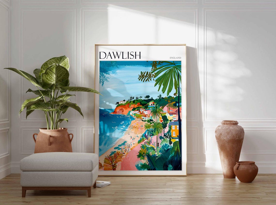 Dawlish England Palm Trees and Red Cliffs Beach Scene Poster - Image 3