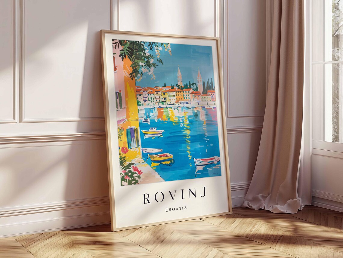 Rovinj Croatia Bright Harbor Scene with Flowers and Boats Poster - Image 2