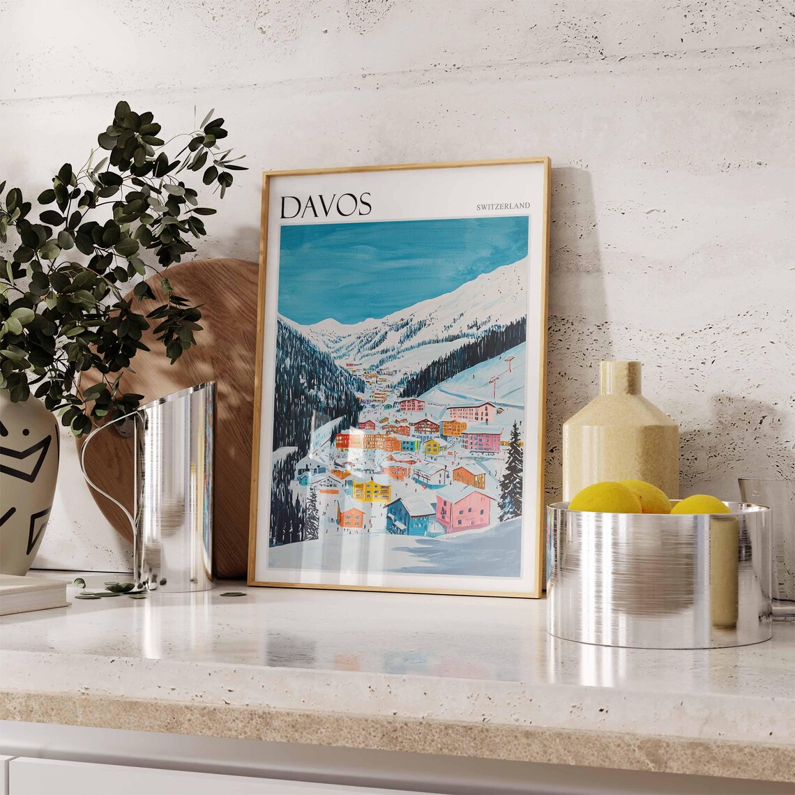 Davos Switzerland Snowy Ski Village Winter Painting Art Poster - Image 3