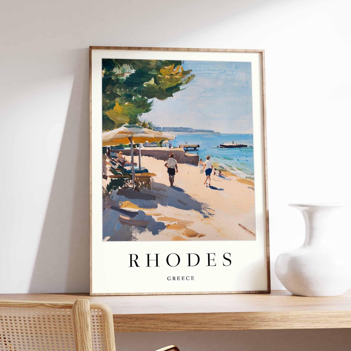 Rhodes Greece Impressionist Beach Scene Mediterranean Travel Poster