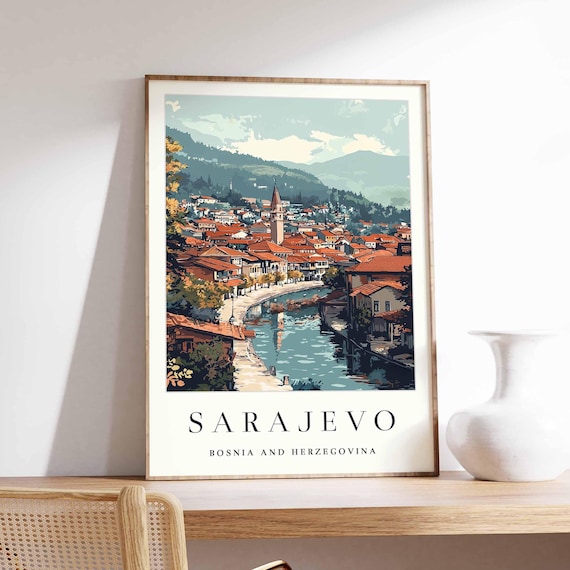 Sarajevo Bosnia River Bend Minaret Orange Roofs Vintage Travel Poster