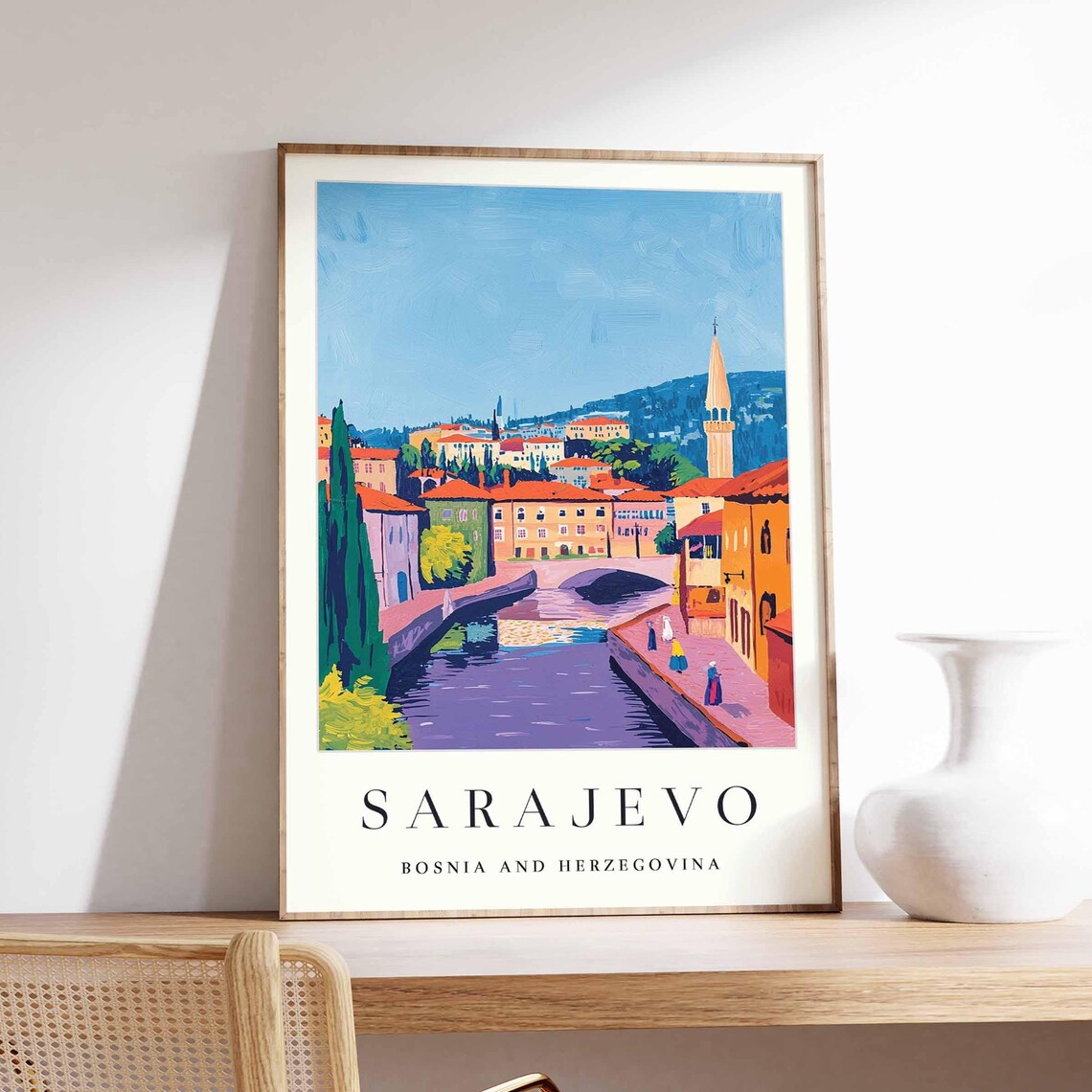 Sarajevo Bosnia River Minaret Red Roofs Fauvist Travel Poster Art