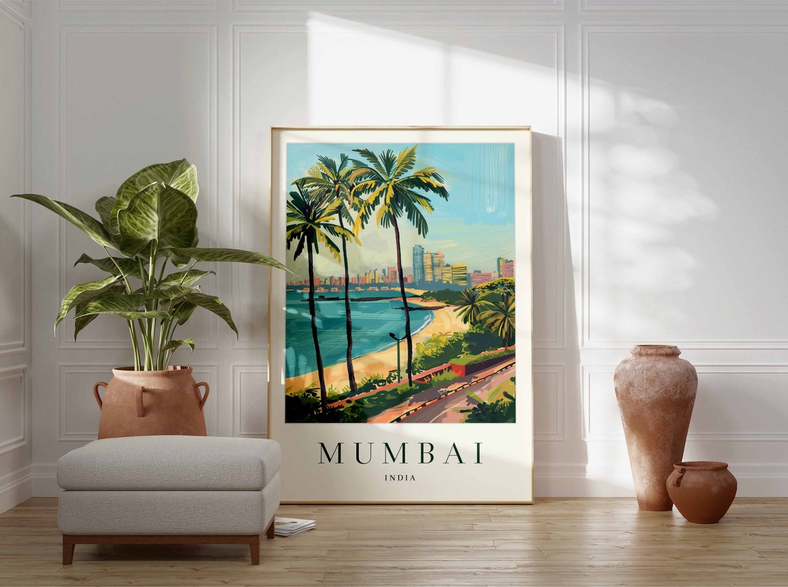 Mumbai India Palm Fringed Beach With City Skyline Travel Poster - Image 3
