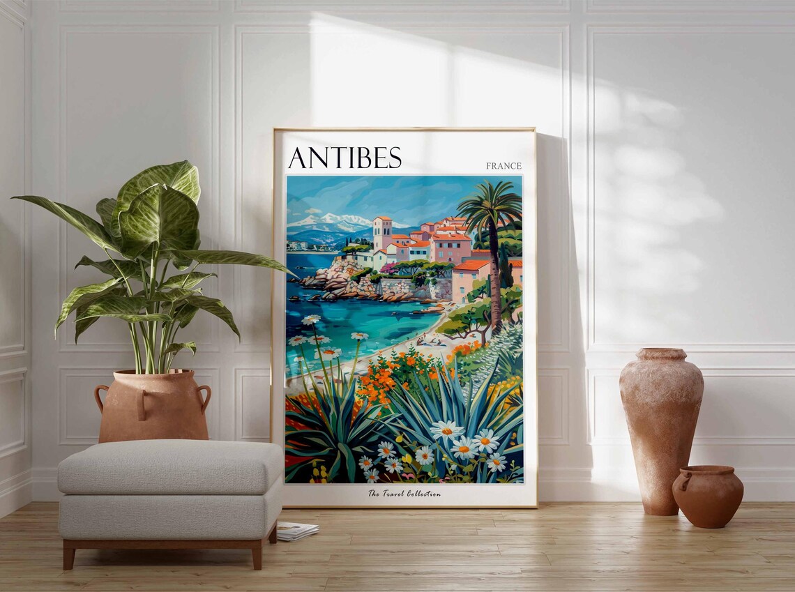 Antibes France Turquoise Cove Palm Trees and Wildflower Art Poster - Image 3