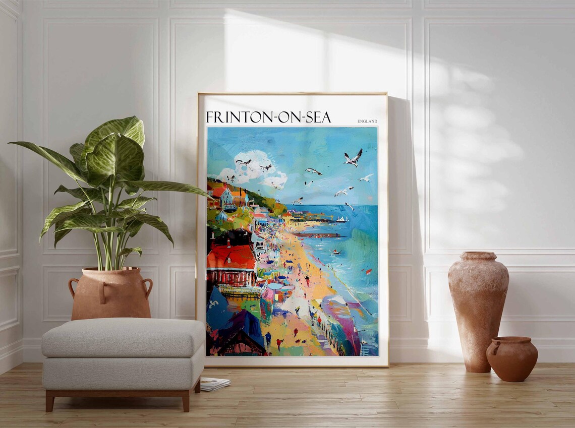 Frinton On Sea Busy Beach Umbrellas Seagulls Sunbathers Summer Travel Poster - Image 3