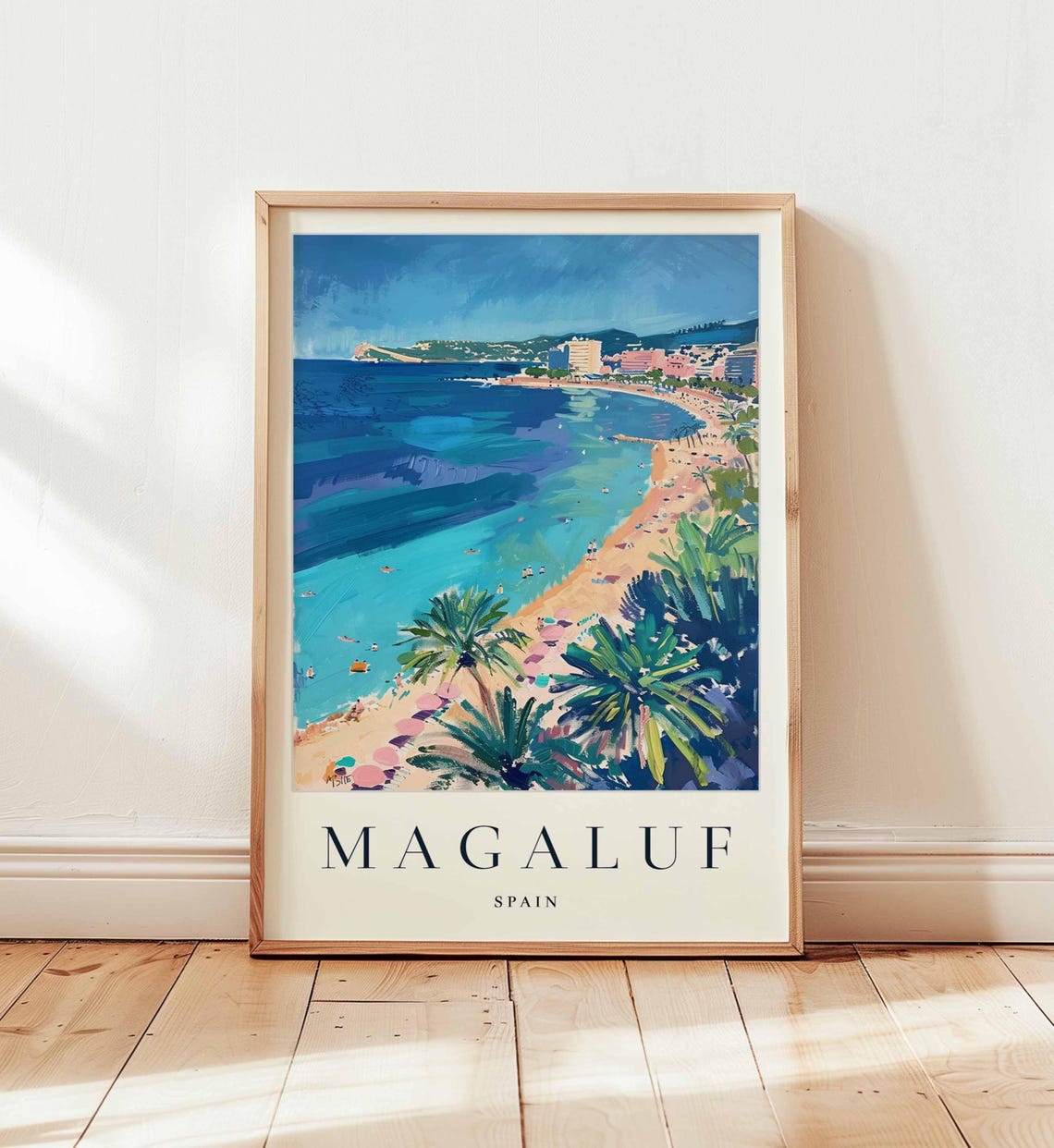 Magaluf Spain Turquoise Beach Bay With Umbrellas Travel Poster