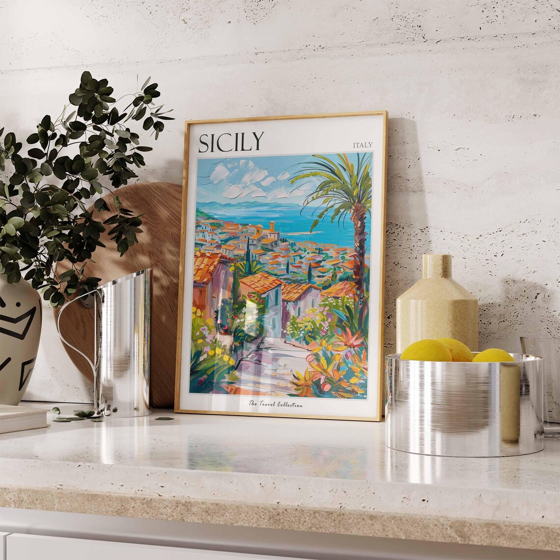 Sicily Italy Colorful Coastal Town Palm Trees Painted Poster - Image 3