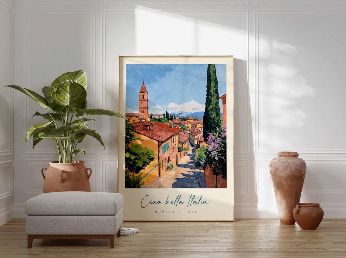 Modena Italy Sunlit Lane Bell Tower Cypress Art Travel Poster - Image 3