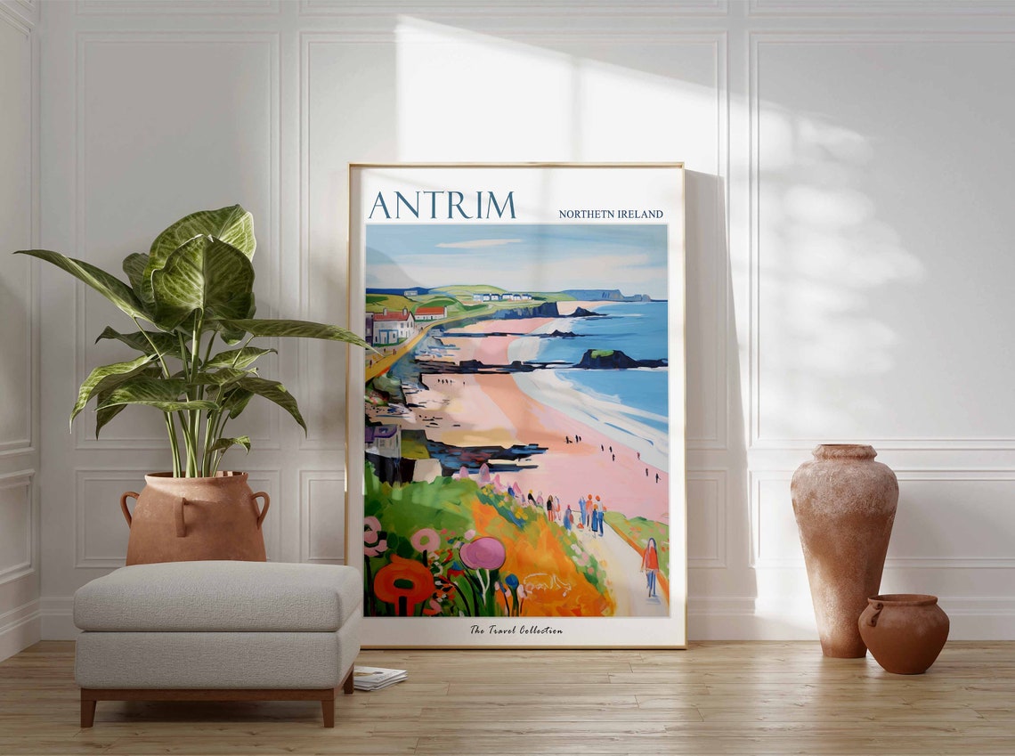 Antrim Northern Ireland Flower Beach Coastal Painting Travel Poster - Image 2