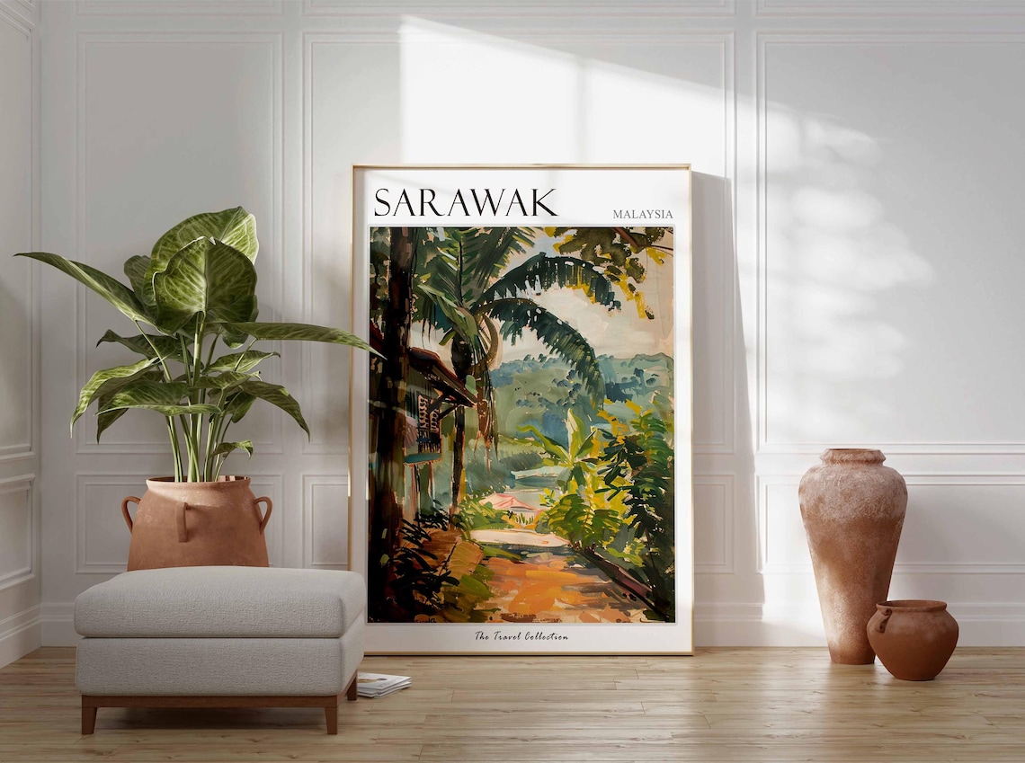 Sarawak Malaysia Jungle Path Wooden House Palm Tree Art Poster - Image 3