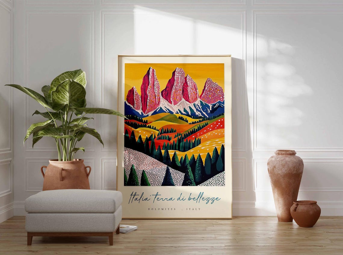 Dolomites Italy Pop Art Travel Poster Bold Pink Peaks Yellow Sky Pines - Image 3