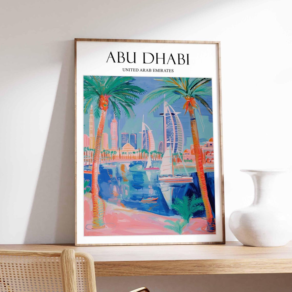 Abu Dhabi UAE Palm Marina Sail Towers Waterfront Skyline Art Poster