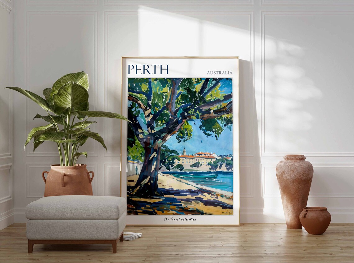 Perth Australia Painted River Foreshore Gum Tree Historic Buildings Poster - Image 3