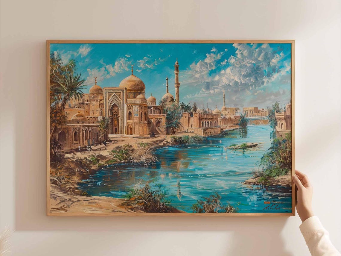 Baghdad Riverside Mosque Domes Reflecting Water Painting Poster