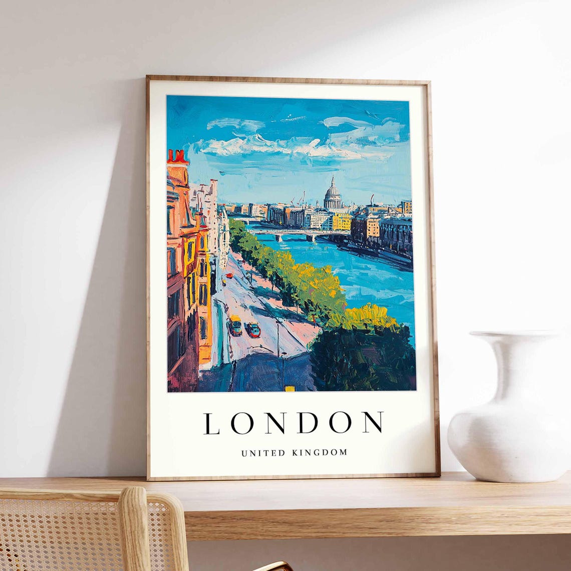 London Thames St Pauls Cathedral Blue Sky Riverside Travel Poster