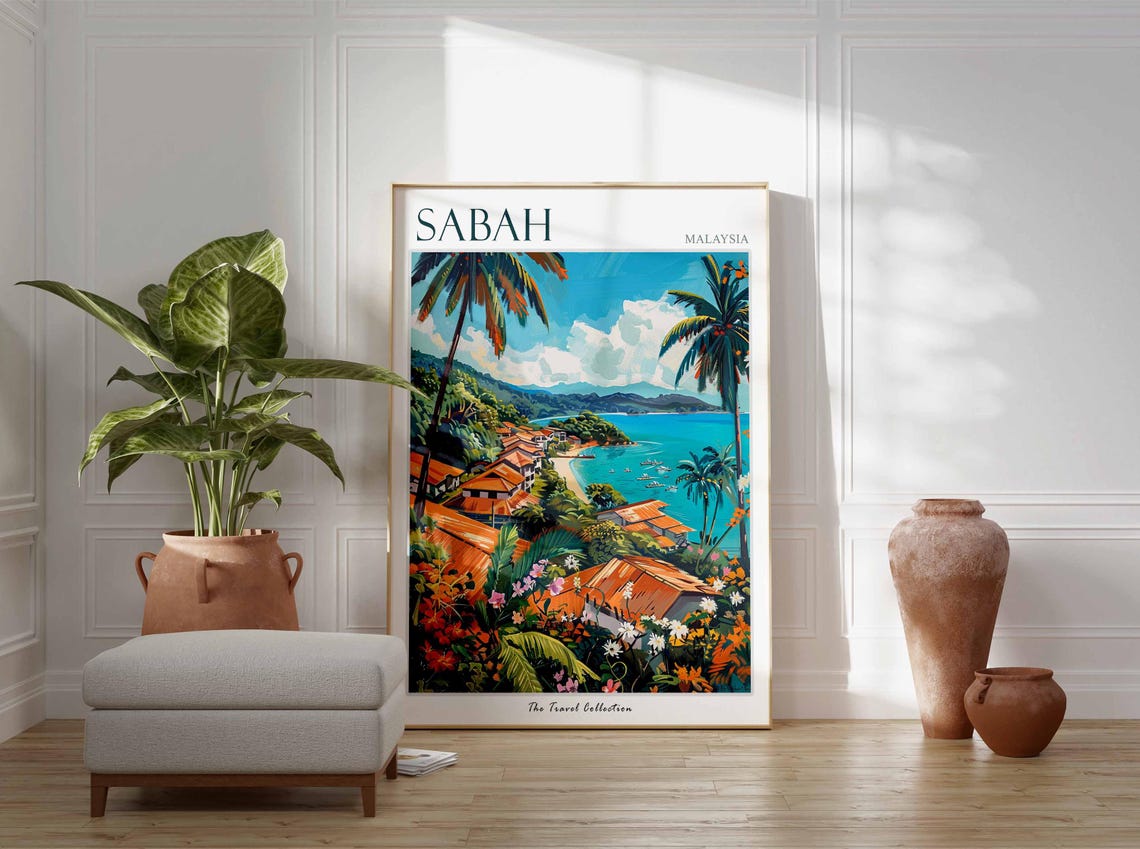 Sabah Malaysia Tropical Bay Orange Roofs Palm Trees Travel Poster - Image 2