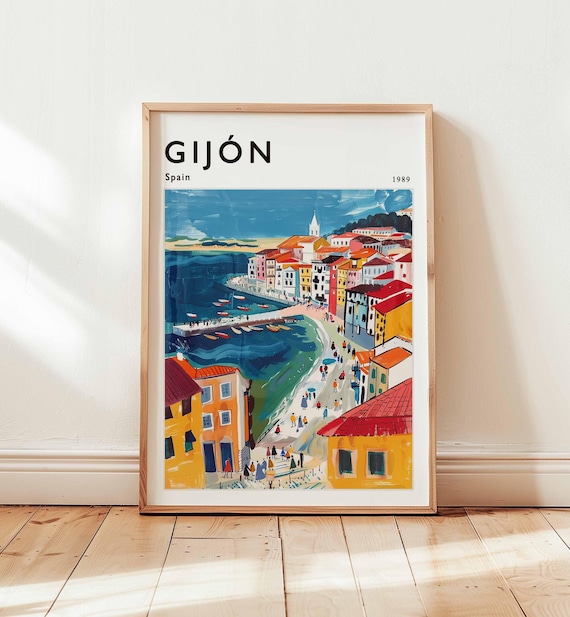 Gijon Spain Harbor Boats Colorful Waterfront 1989 Travel Poster