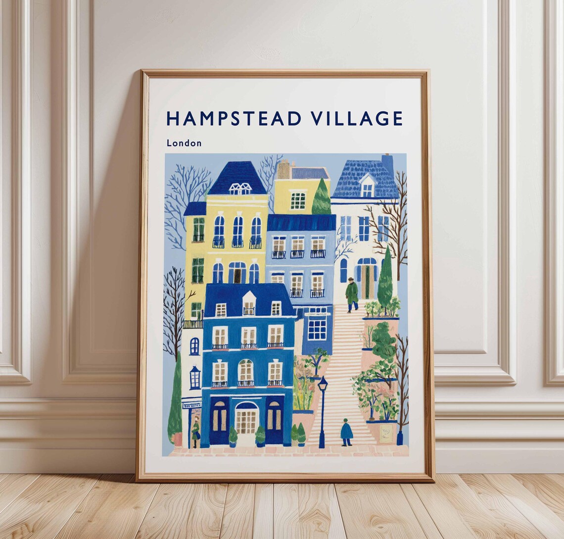 Hampstead Village London Blue Terraces Steps Colorful Travel Poster