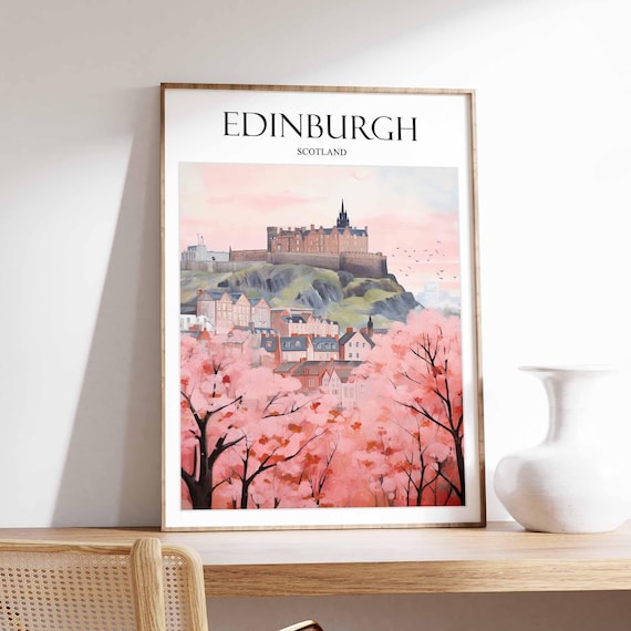 Edinburgh Scotland Castle Hill Pink Blossom Spring Travel Poster