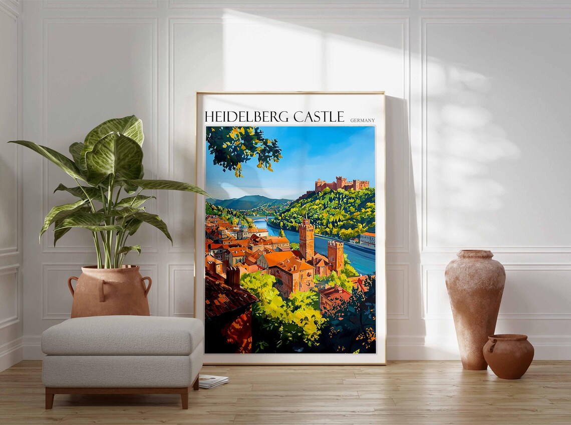 Heidelberg Castle Graphic River Town Scene Germany Travel Poster - Image 2