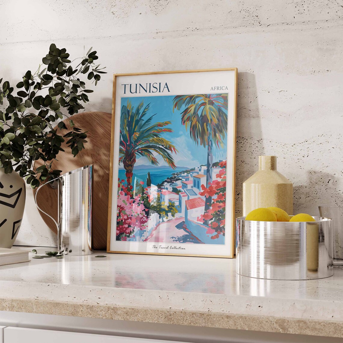 Tunisia Africa Palm Trees Bougainvillea and Coastal Village Poster - Image 2