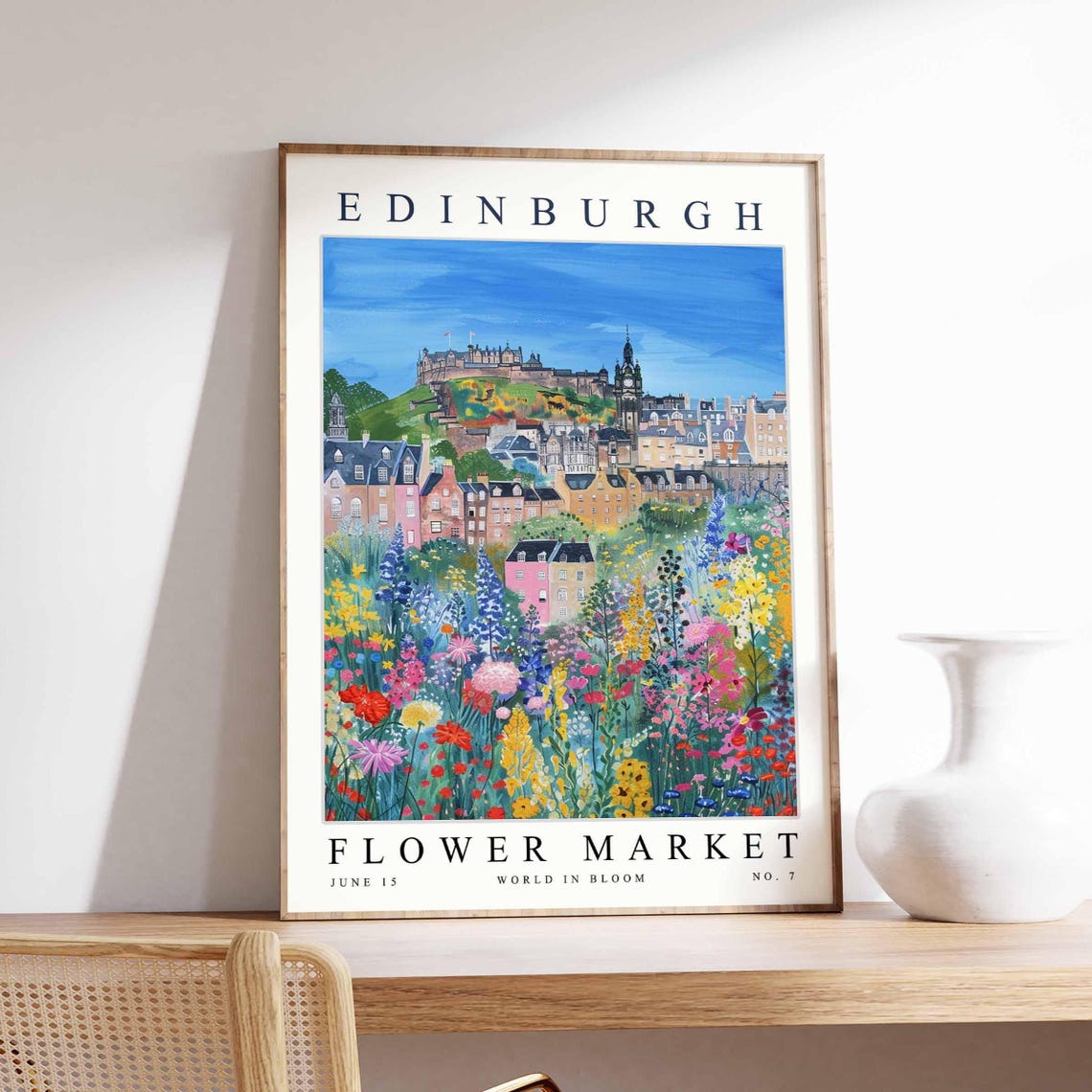 Edinburgh Flower Market Castle and Clock Tower Blooms Poster