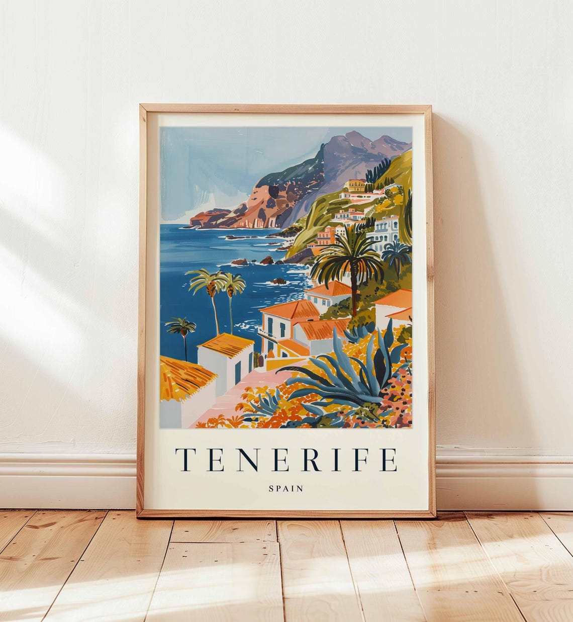 Tenerife Spain Travel Poster Coastal Cliffs Town And Palm Trees