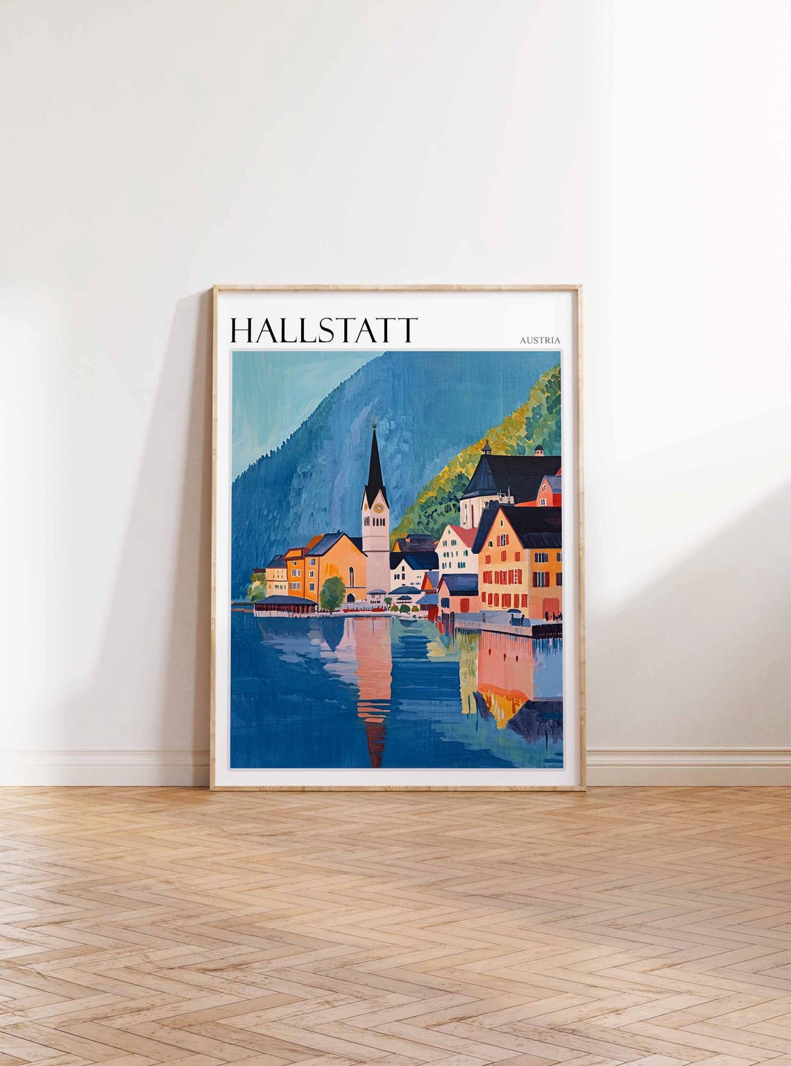 Hallstatt Austria Church Spire Blue Lake Illustration Poster - Image 3