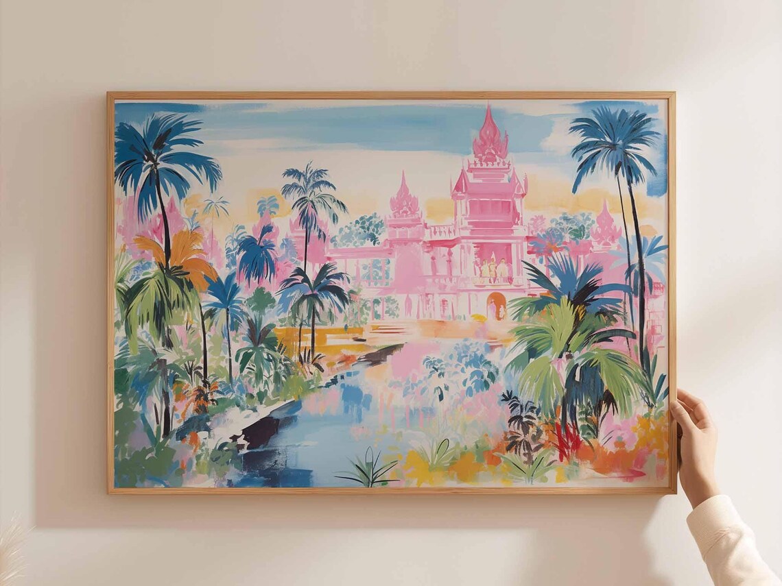 Cambodia Pink Royal Palace Tropical Garden Watercolor Art Poster
