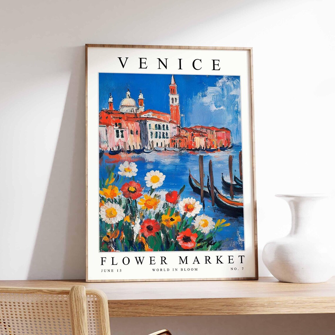 Venice Flower Market Poster with a Red Campanile Gondolas and Daisies