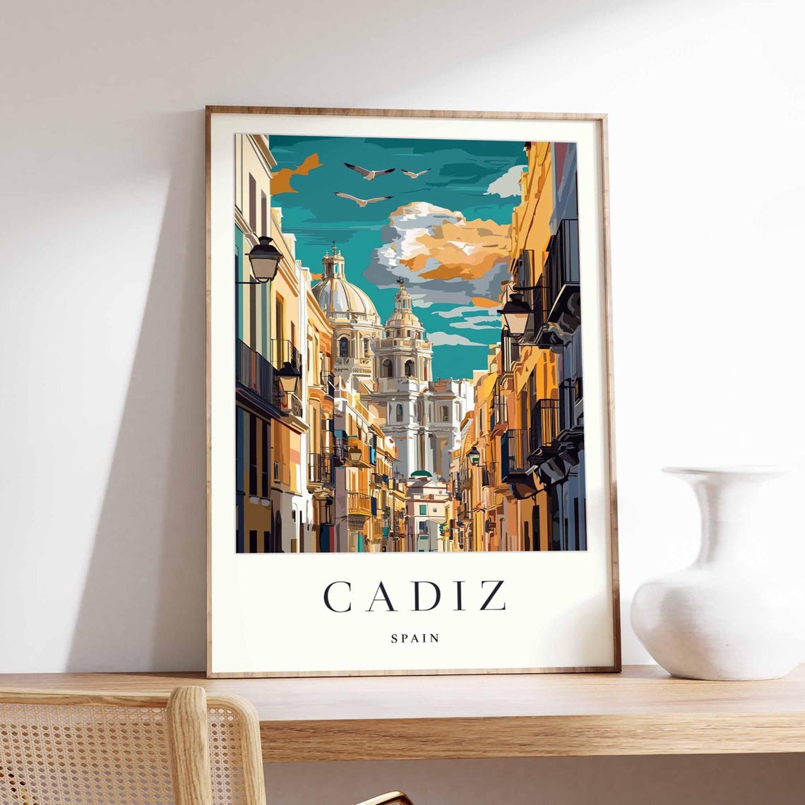Cadiz Spain Old Town Street Cathedral Dome Seagulls Art Poster