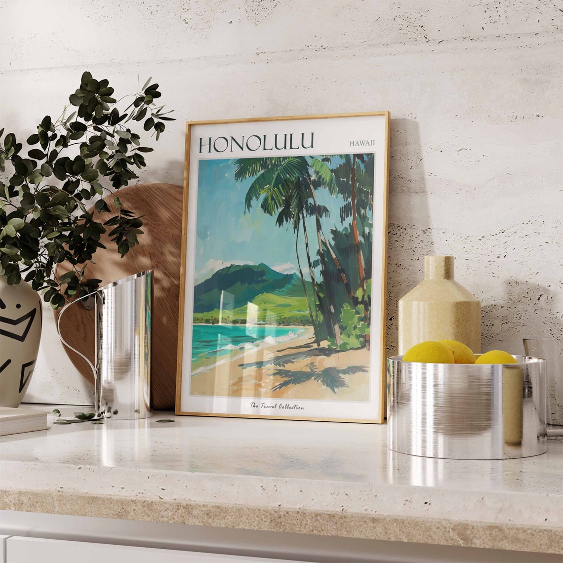 Honolulu Hawaii Tropical Island Palm Beach Painting Travel Poster - Image 3