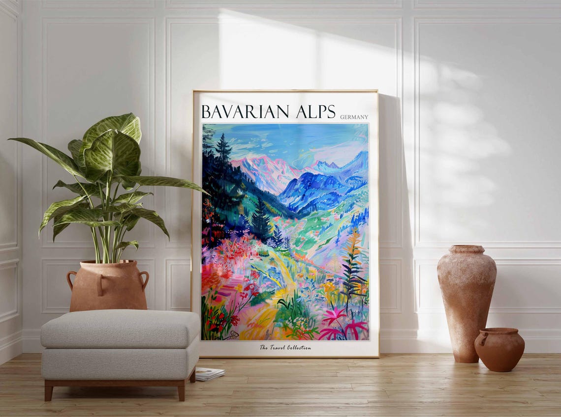 Bavarian Alps Germany Pink Peaks Meadow Painted Travel Poster - Image 2