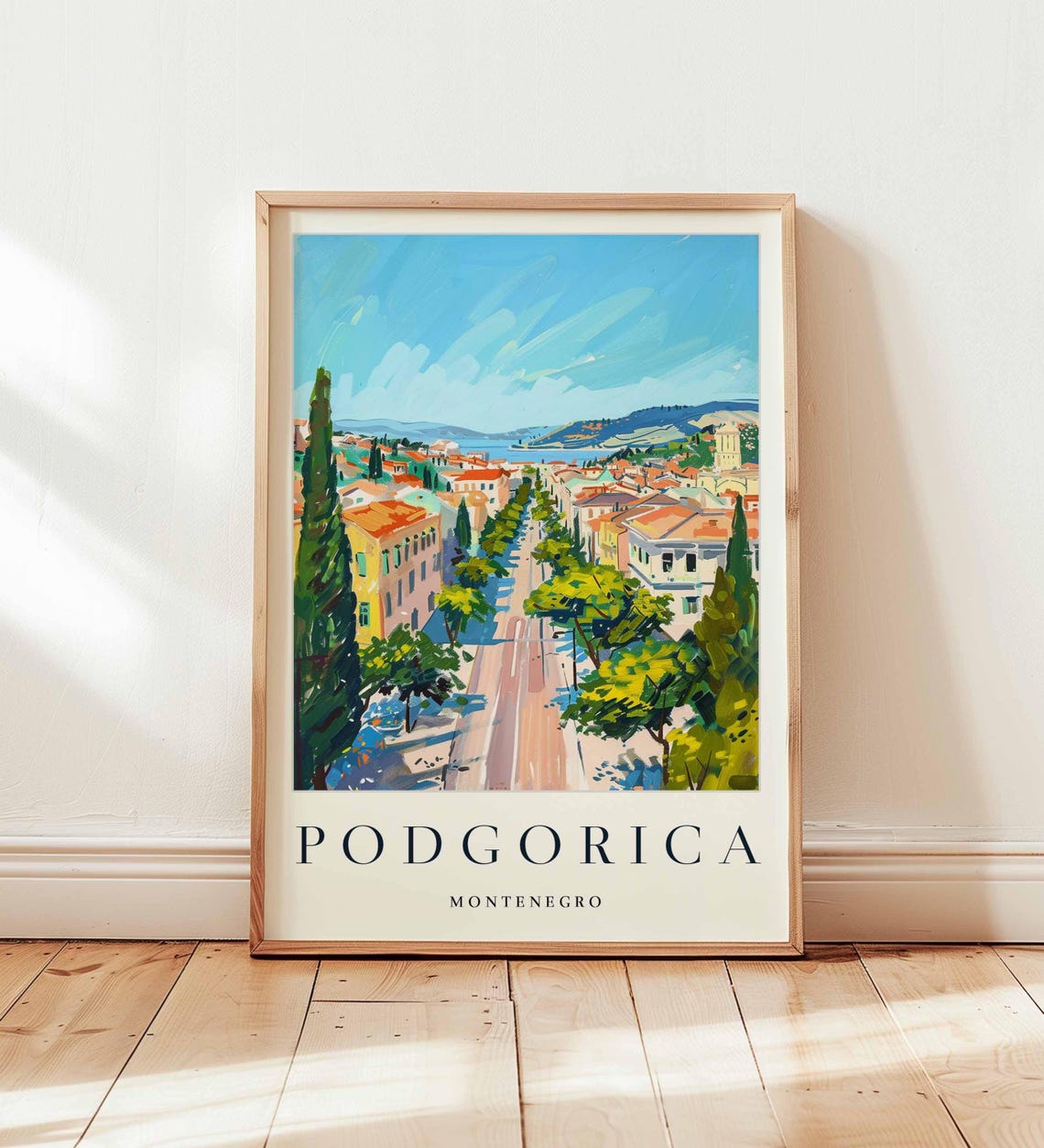 Sunny Podgorica Montenegro Tree Lined Boulevard Toward Bay Poster