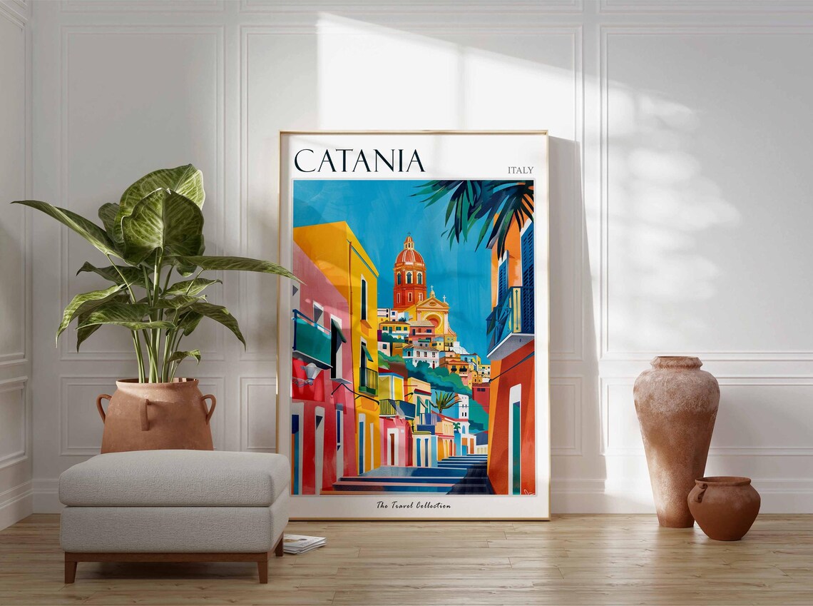 Catania Italy Travel Poster Colorful Street Steps Church Dome Art View - Image 2