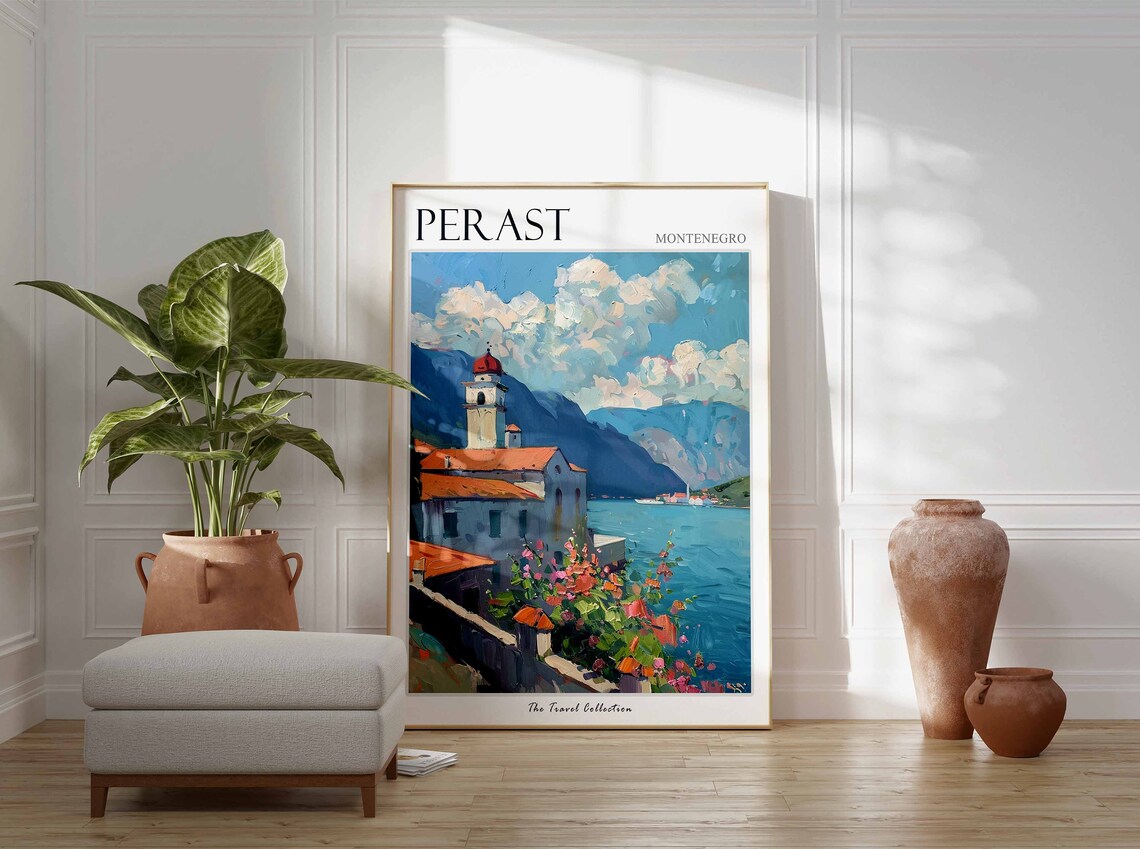 Perast Montenegro Church Bell Tower Flower Garden Bay Poster - Image 2