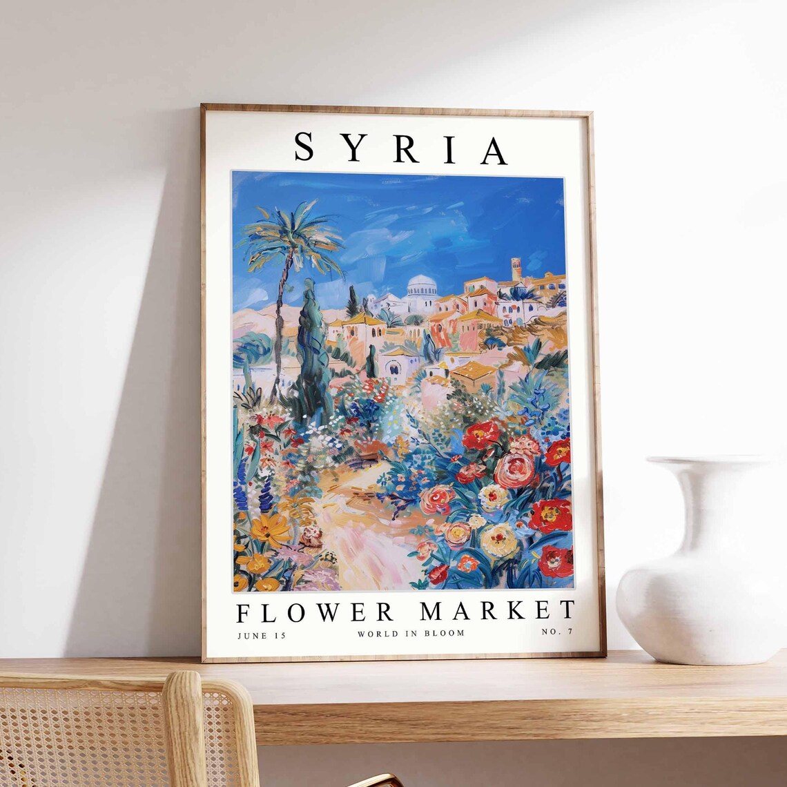 Syria Bright Hillside Town Palm Path Colorful Garden Art Poster