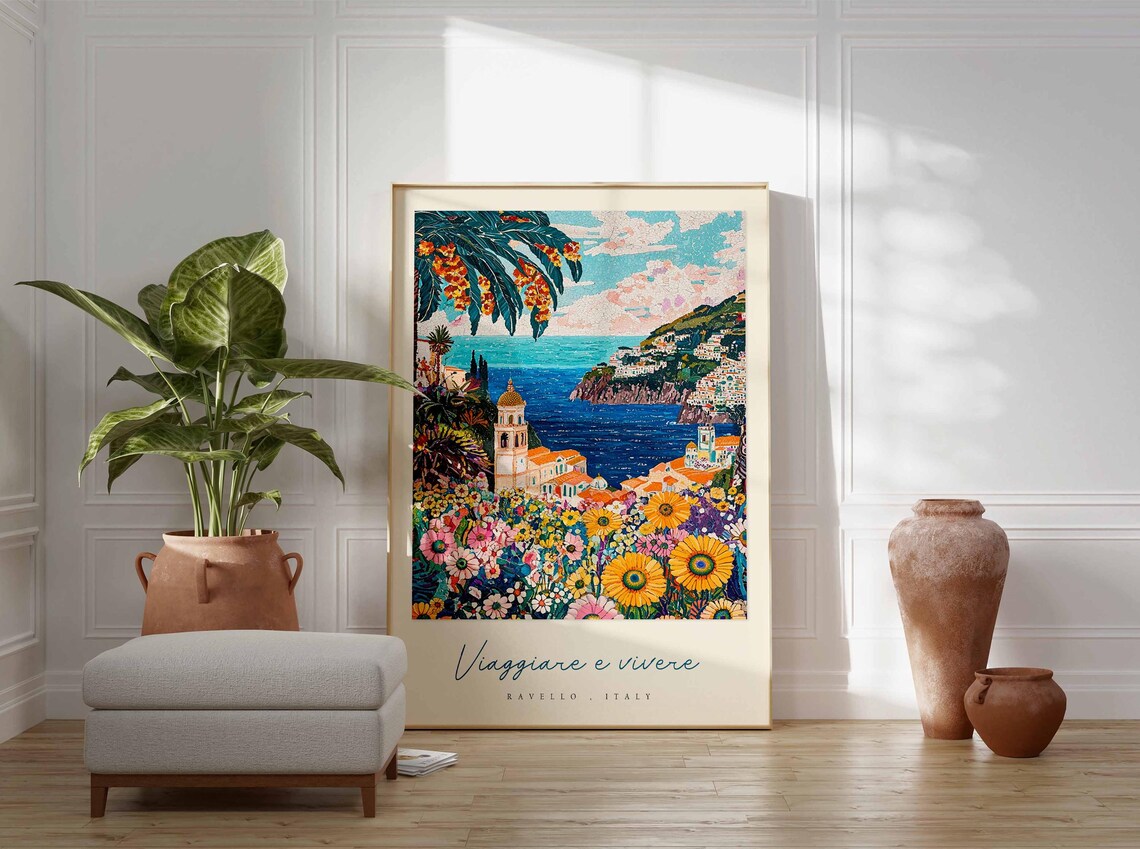 Ravello Italy Flower Garden Coast Dome Church Turquoise Sea Poster - Image 3