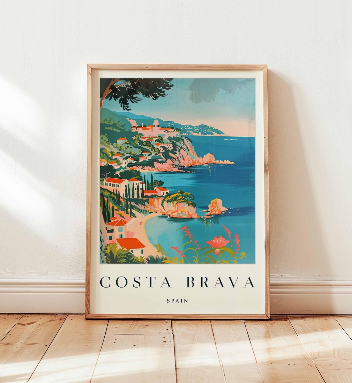 Costa Brava Spain Clifftop Village Blue Cove Flowers Travel Poster