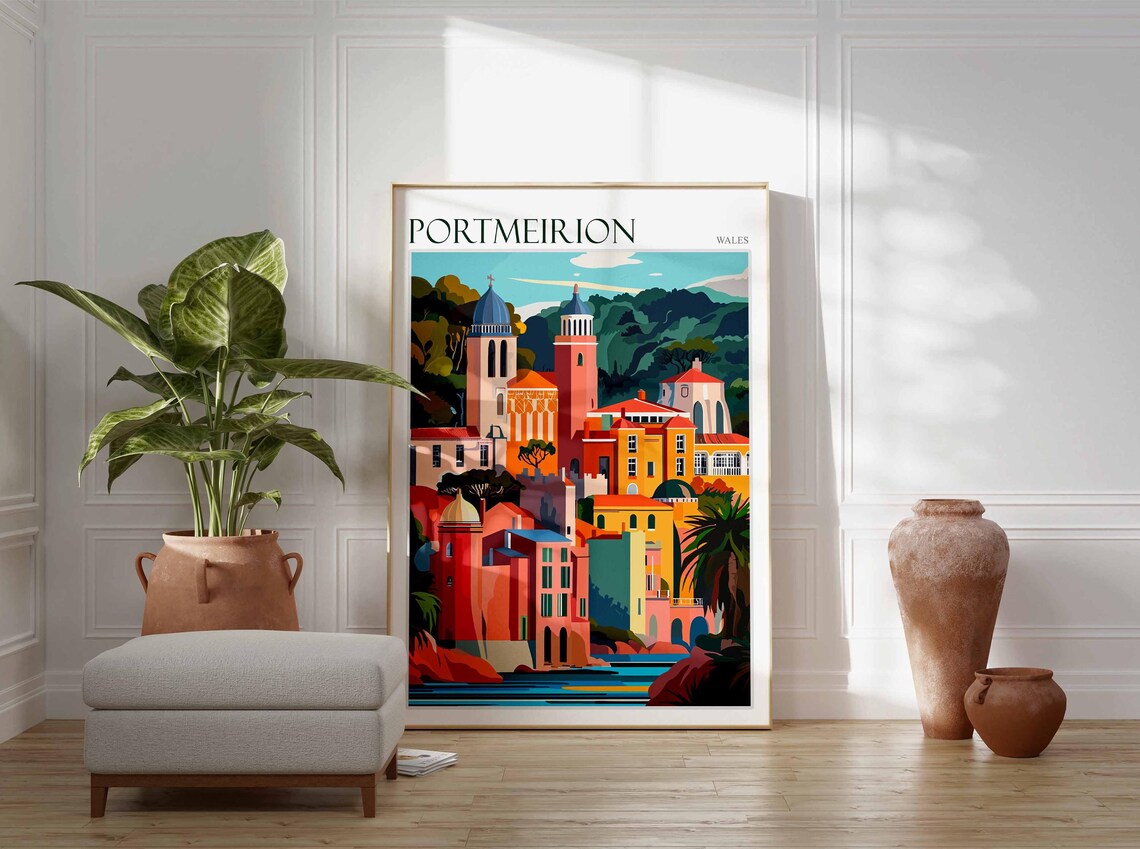 Portmeirion Wales Italianate Domes Palms Over Water Art Poster - Image 4
